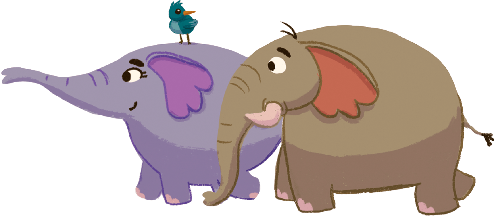 A purple elephant walking side by side with a brown elephant and blue bird.