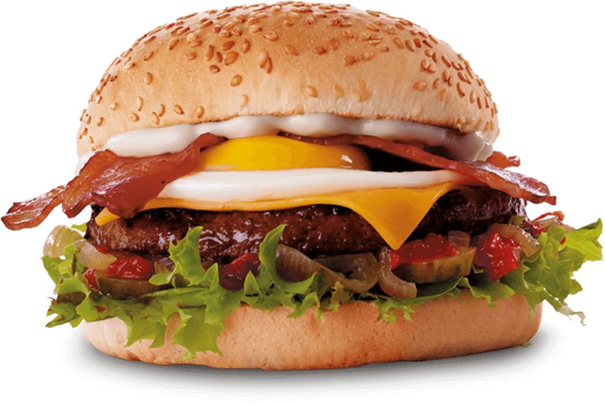 Gourmet cheeseburger with sesame seed bun, featuring grilled beef patty, crispy bacon strips, fried egg, melted cheddar cheese, fresh lettuce, pickles, caramelized onions, and ketchup