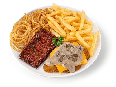 Crumbed chicken schnitzel, ribs and chips