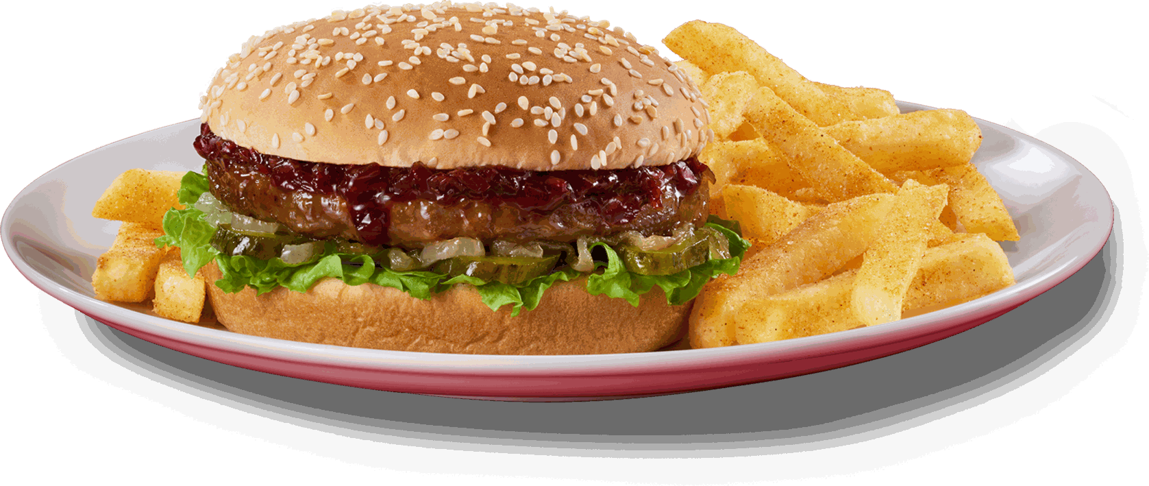 Classic hamburger with a sesame seed bun, a saucy patty, fresh lettuce, and pickles, accompanied by chips