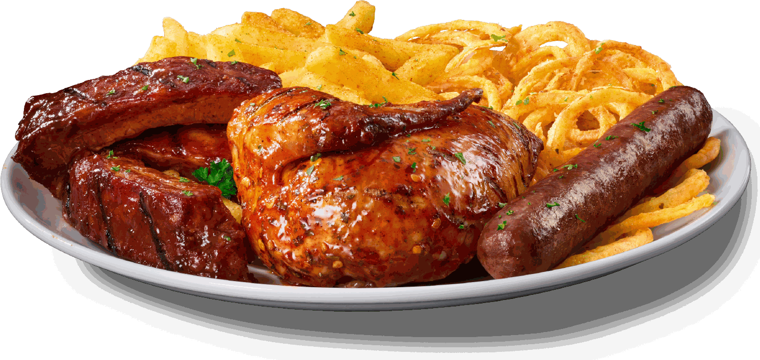 Hearty barbecue platter loaded with roasted chicken, glazed ribs, wors, french fries, and onion rings