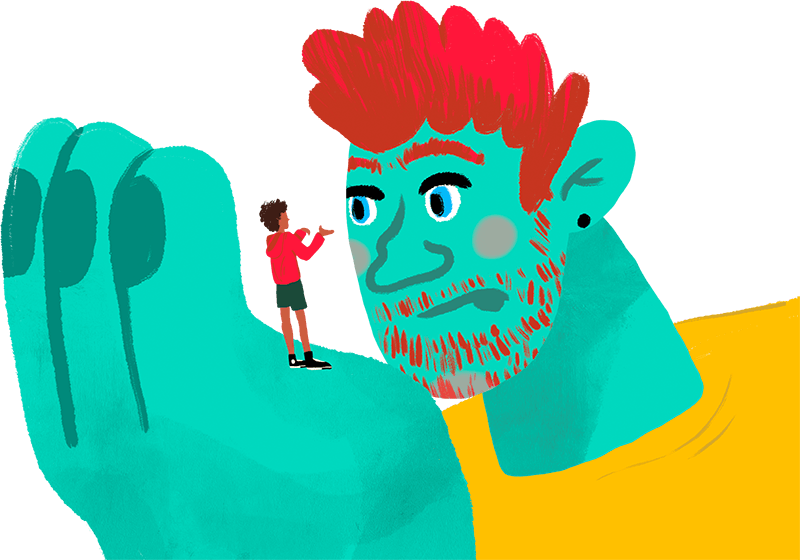 A blue giant with red hair holiday a little blue in his hand.