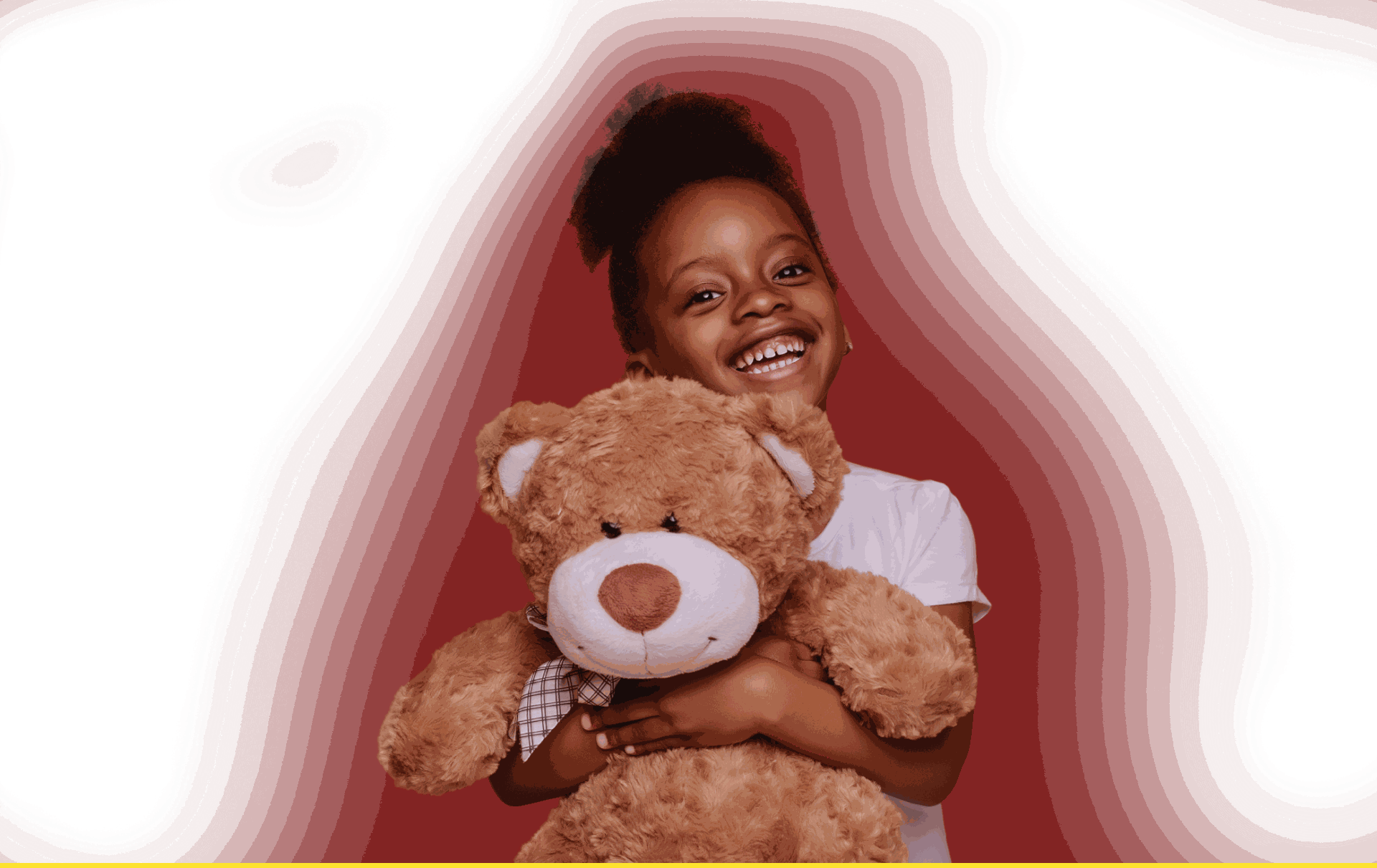 Smiling young girl holding a teddy bear against a red abstract background