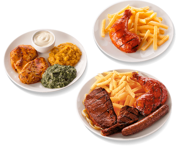 Quarter chicken and chips, steak chop and wors, chicken fillet with cooked veg