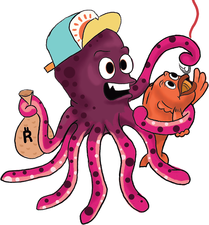 The purple Octopus from Huan Lucky Fish putting a hook in mouth of a sea creature.