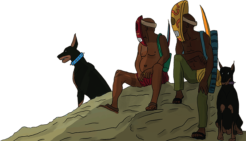 Two masked hunters sitting in between two hunting dogs on a mountain.