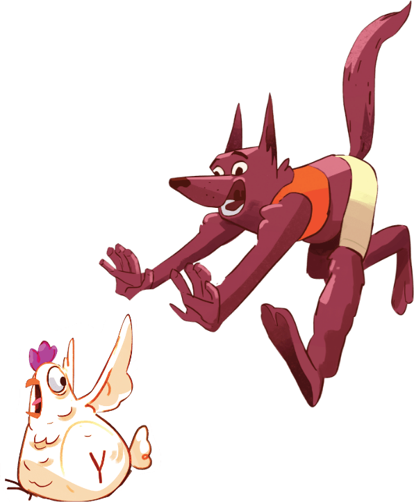 A laughing purple jackal chasing a shocked white chicken.