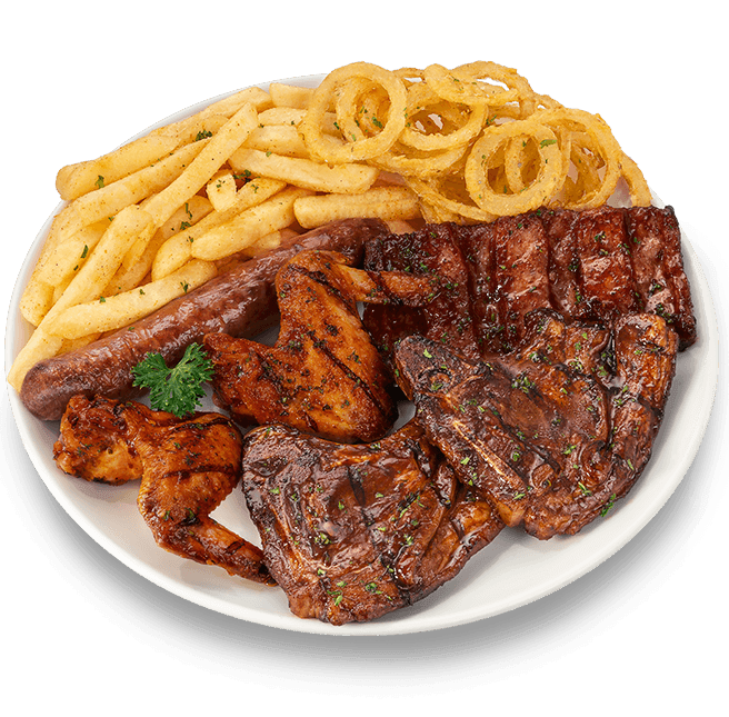 Mega grill platter with beef boerewors, lamb chops, pork rib patty and chicken wings