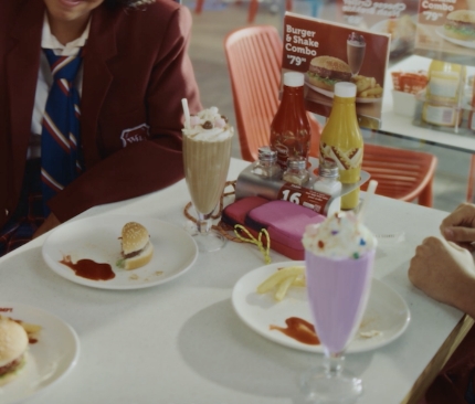 eens wearing schools uniform sitting at a table eating burgers and milkshakes