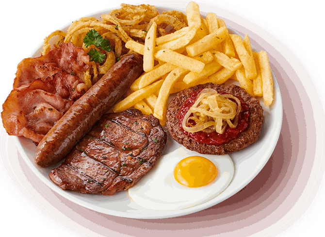 Mixed grill with steak wors, bacon, egg, beef patty, onion rings and chips
