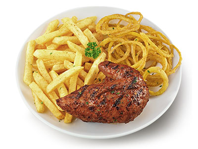 Quarter chicken with onion rings and chips on a white plate