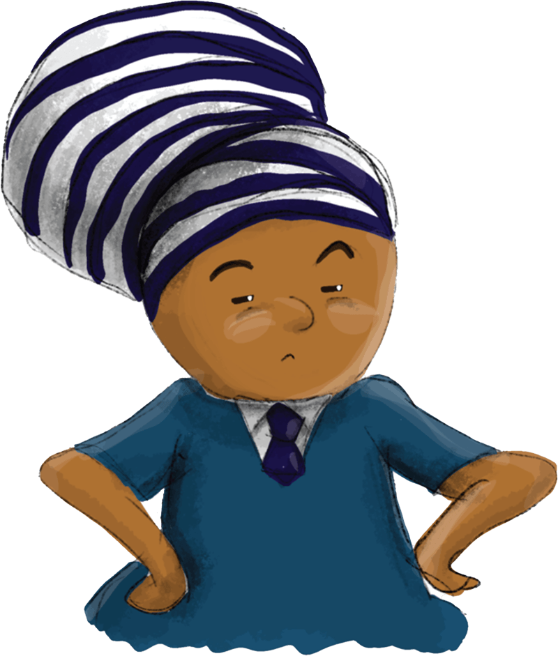 Image of old woman from local storybook with hands on her hips.