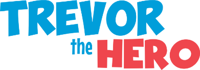 The words Trevor the Hero written in blue and red on a white background.