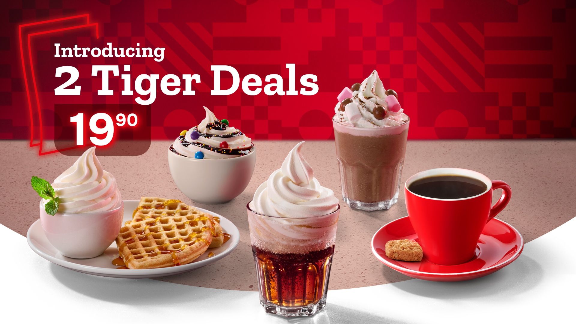 Introducing 2 Tiger Deals for R19.90 promotion banner featuring desserts and drinks including soft serve ice cream, waffles with syrup, chocolate milkshake with whipped cream, soda float, coffee cup with biscuit