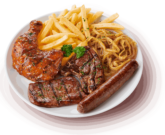 Ultimate meaty feast with steak, lamb chop, word, quarter chicken, onion rings and chips